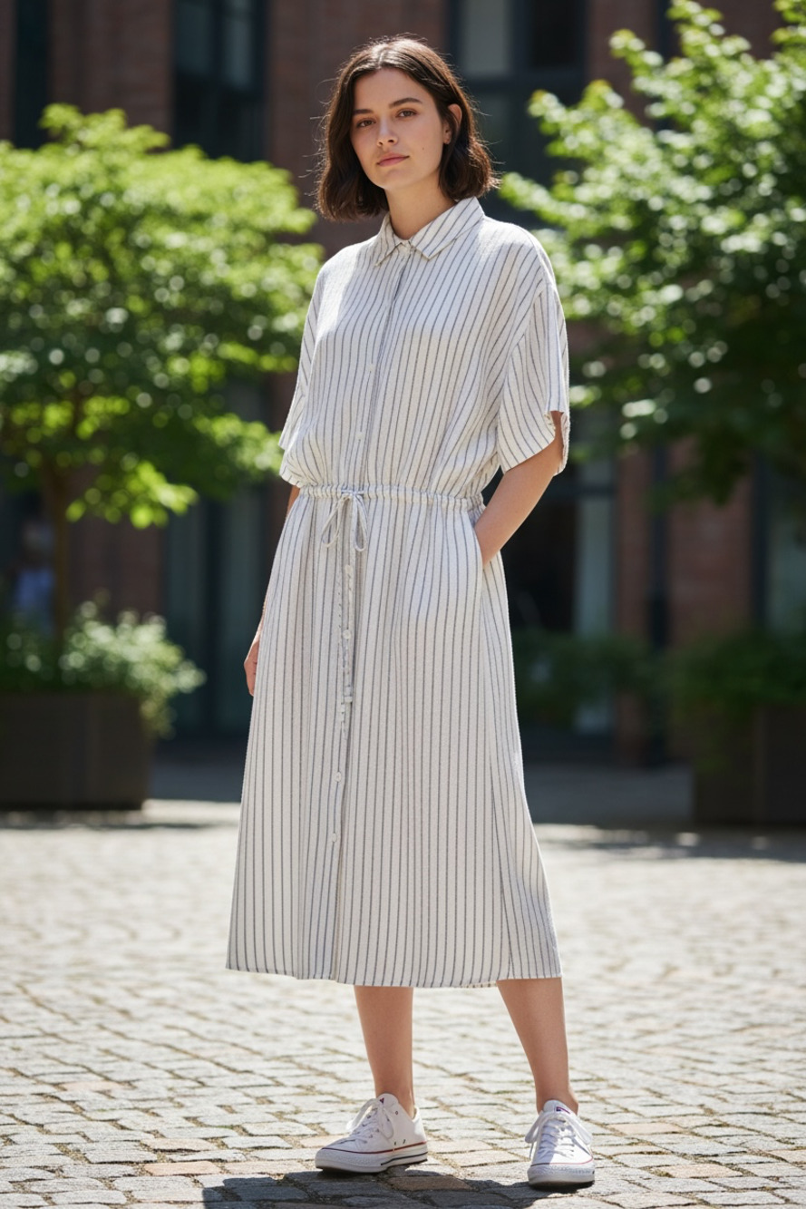 a new day Striped Linen-Blend Collared Midi Dress